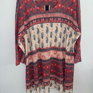 NALLY & MILLIE Bohemian Red and Blue Patterned Tunic sweater top
